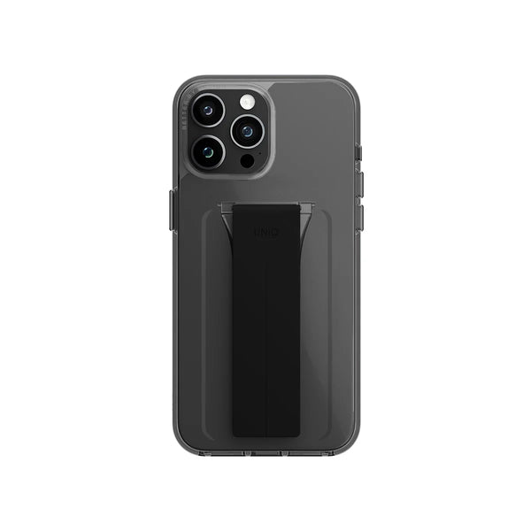 Funda híbrida con soporte y grip integrado color Humo para iPhone 15 Pro Max