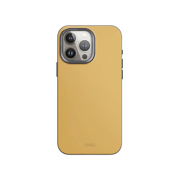 Funda híbrida con bumper anti impacto, bisel de aluminio, compatible con MagSafe color Amarillo Canario | Gris Piedra para iPhone 15 Pro Max