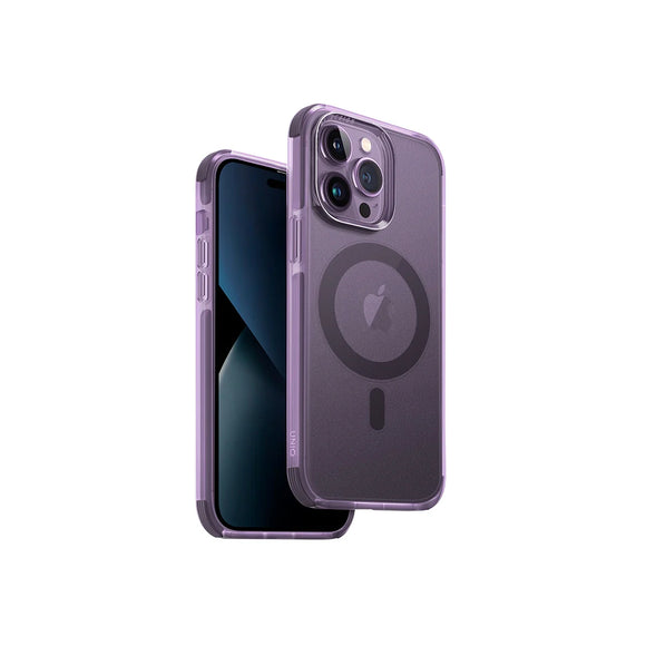 Funda híbrida con bumper anti impacto compatible con MagSafe color Morado para iPhone 14 Pro