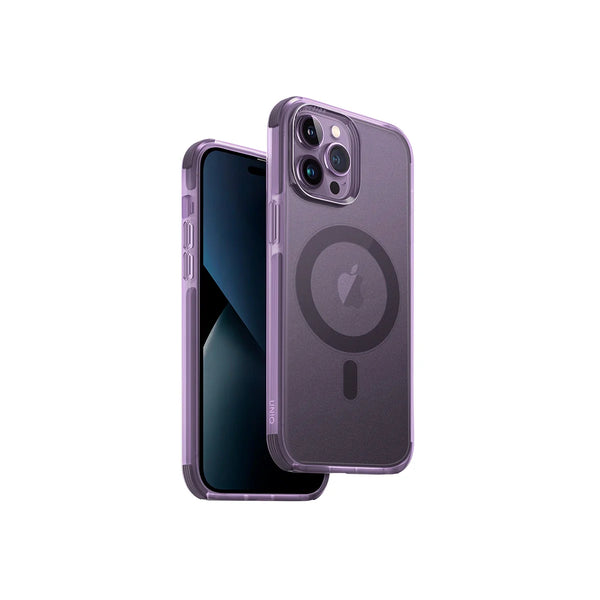 Funda híbrida con bumper anti impacto compatible con MagSafe color Morado para iPhone 14 Pro Max