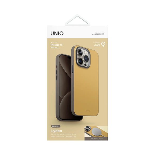 Funda híbrida con bumper anti impacto, bisel de aluminio, compatible con MagSafe color Amarillo Canario | Gris Piedra para iPhone 15 Pro Max