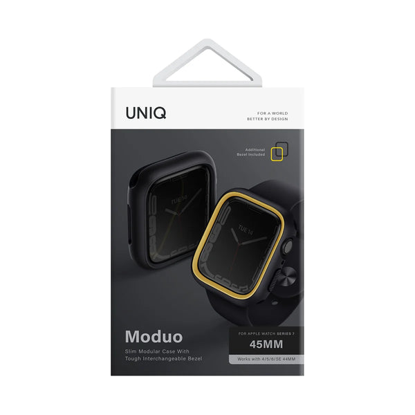 Funda con biseles intercambiables color Negro | Amarillo para Apple Watch 45 | 44 mm